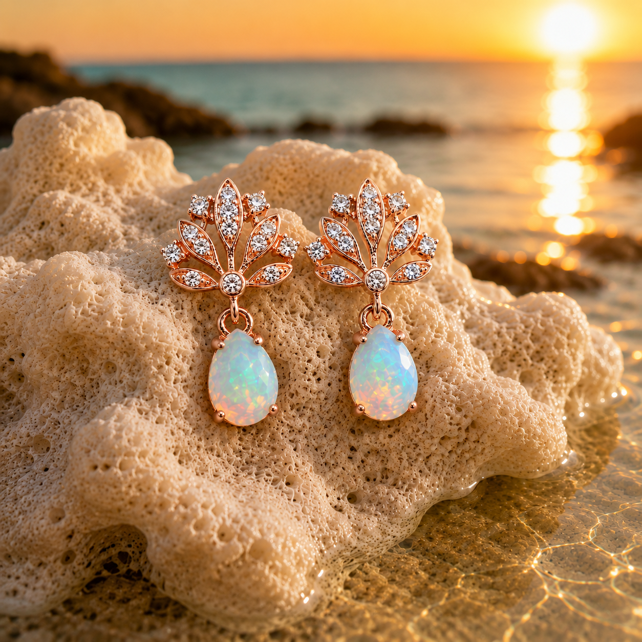 Natural fire opal drop earrings with pear shaped 5x7mm gemstones in luxury lifestyle jewelry setting