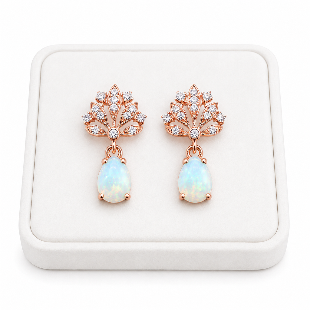 Phimsera 5x7mm natural fire opal drop earrings displayed on a white jewelry tray