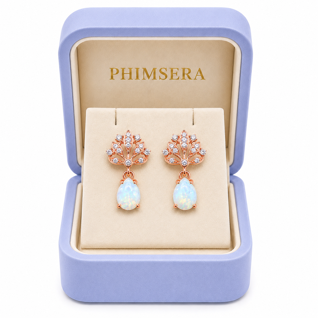 Phimsera 5x7mm natural fire opal earrings displayed in signature jewelry gift box