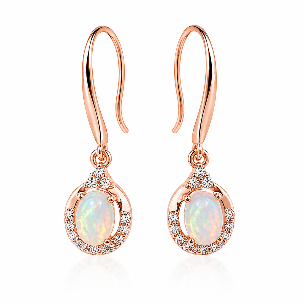 Phimsera 4x6mm natural fire opal dangle earrings with open French hooks in rose gold plated 925 sterling silver