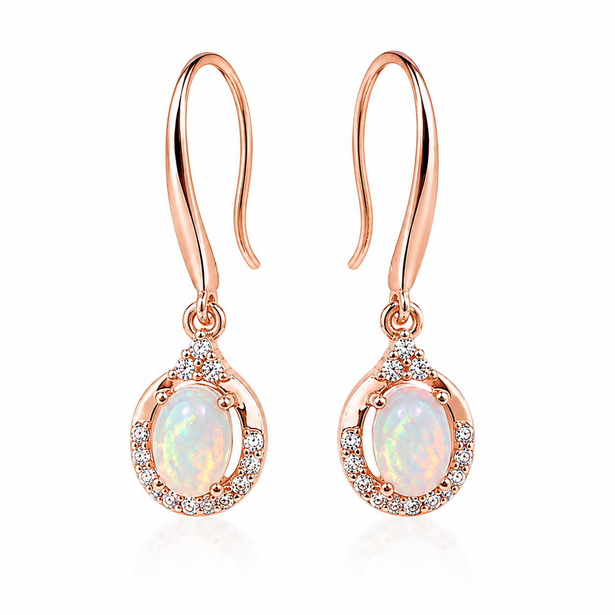 Phimsera 4x6mm natural fire opal dangle earrings with open French hooks in rose gold plated 925 sterling silver