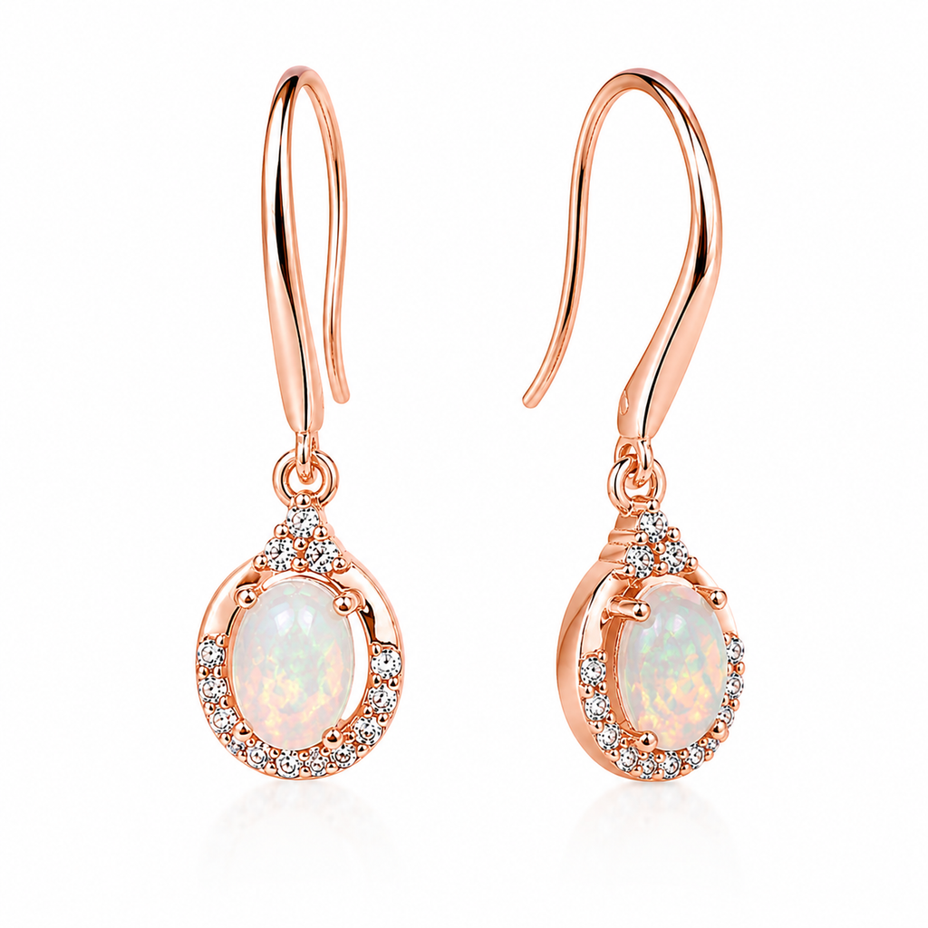 4x6mm natural fire opal drop earrings shown at a 45 degree angle with CZ accents and open French hooks