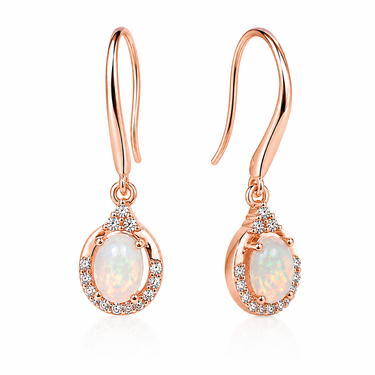 4x6mm natural fire opal drop earrings shown at a 45 degree angle with CZ accents and open French hooks
