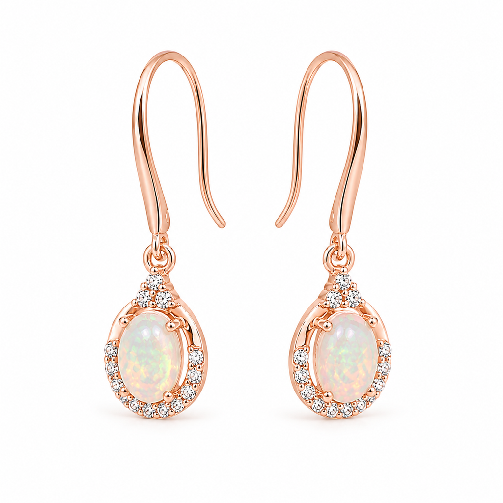 Front view of natural fire opal dangle earrings with 4x6mm oval gemstones and rose gold plated settings