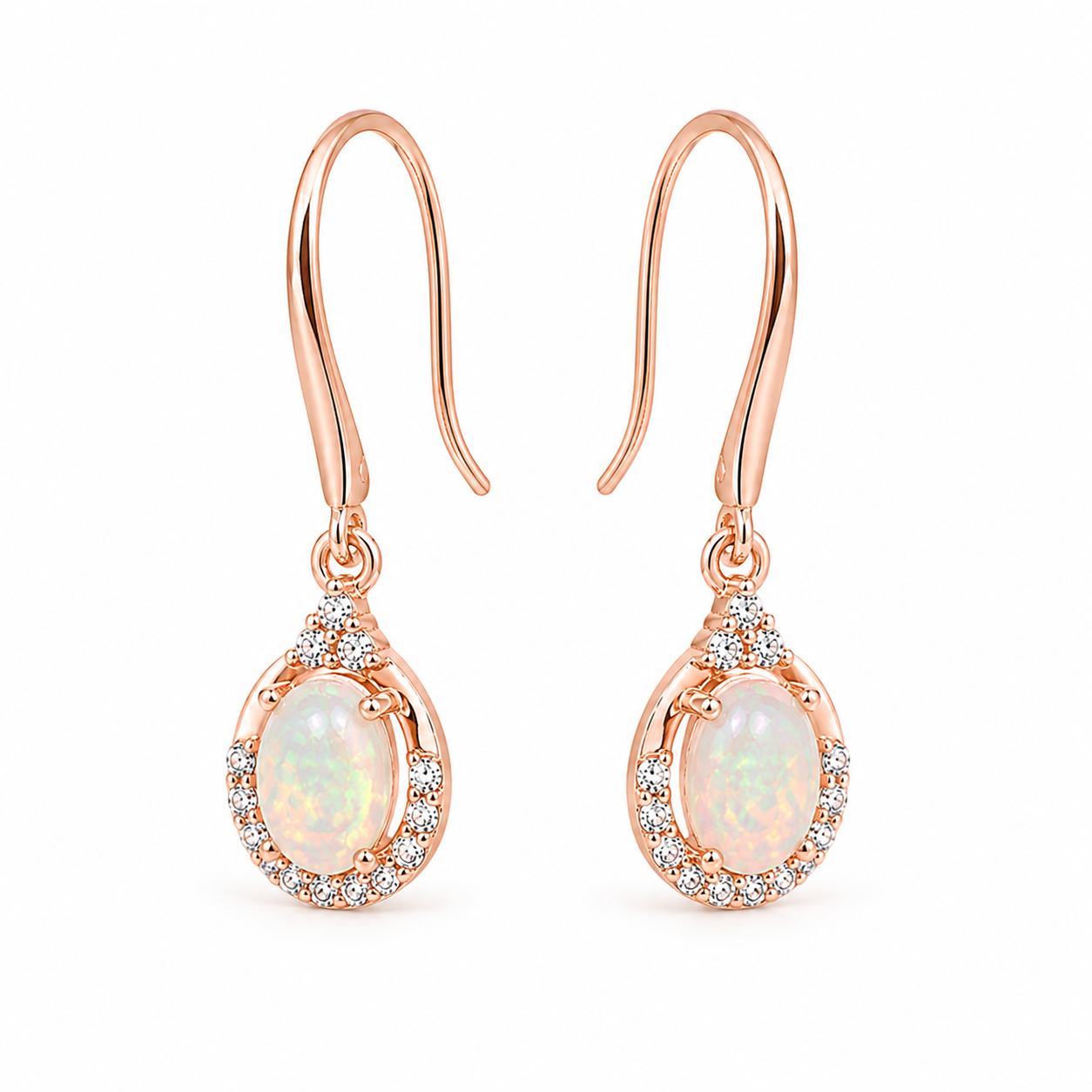 Front view of natural fire opal dangle earrings with 4x6mm oval gemstones and rose gold plated settings