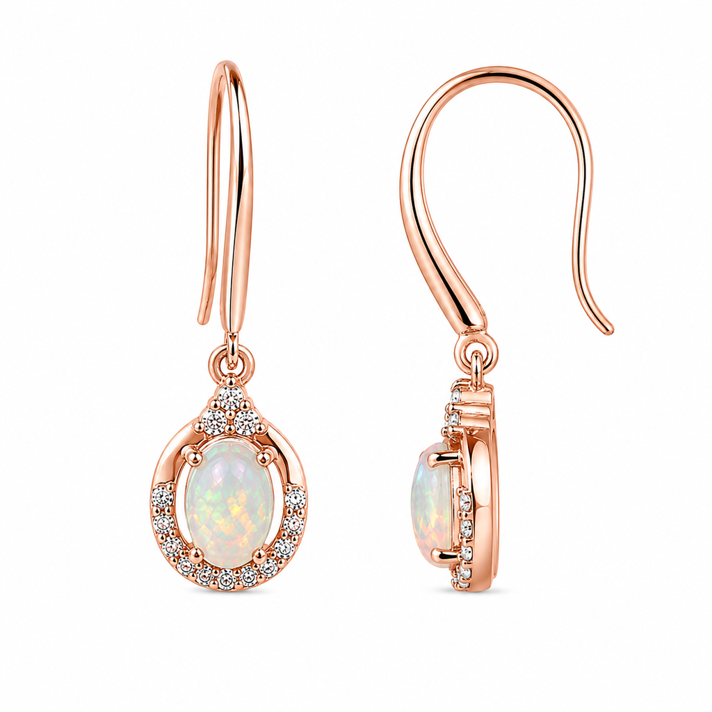 Side profile of Phimsera 4x6mm fire opal earrings showing open hook design and gemstone setting