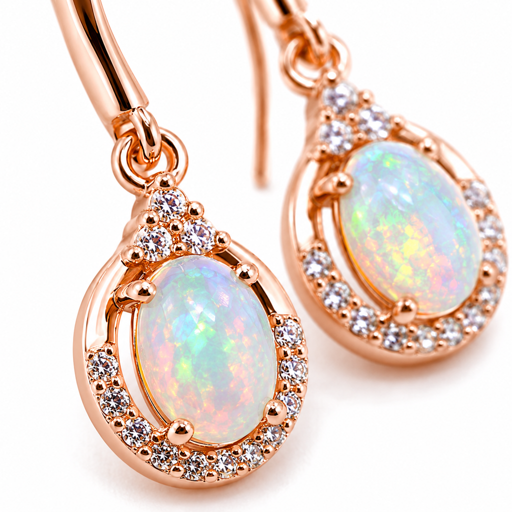 Macro close-up of natural 4x6mm fire opal earrings showing colorful play-of-color and CZ accents