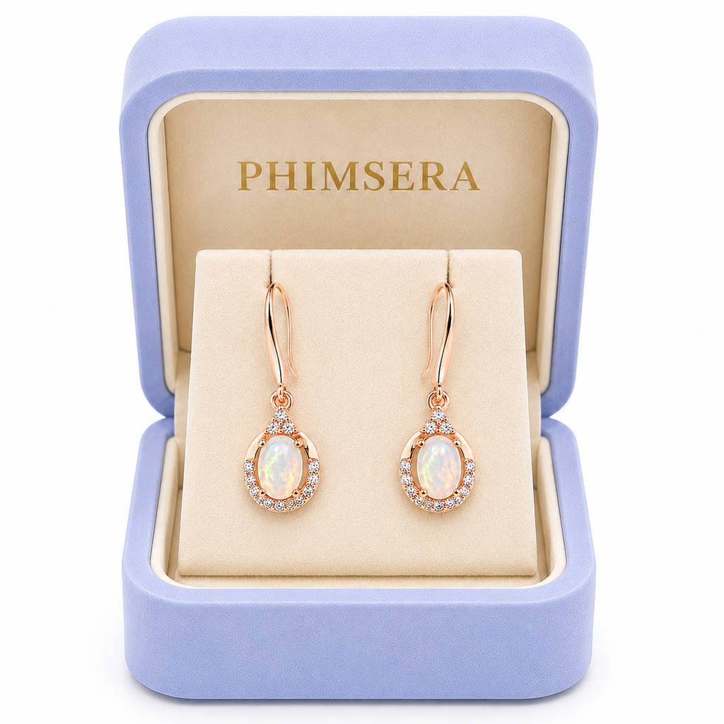 Phimsera 4x6mm natural fire opal dangle earrings displayed in signature jewelry gift box