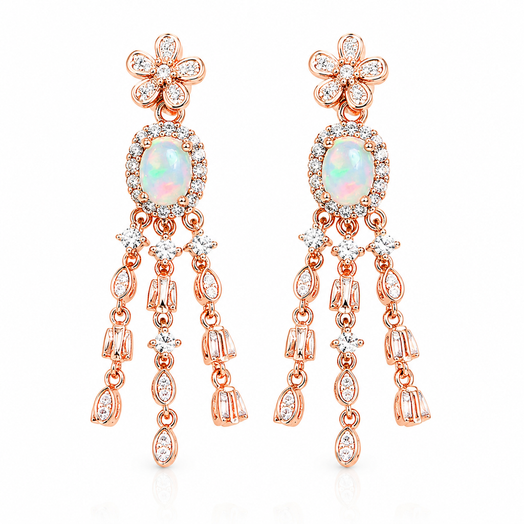 Natural 4x6mm fire opal chandelier earrings in 925 sterling silver with sparkling cubic zirconia accents