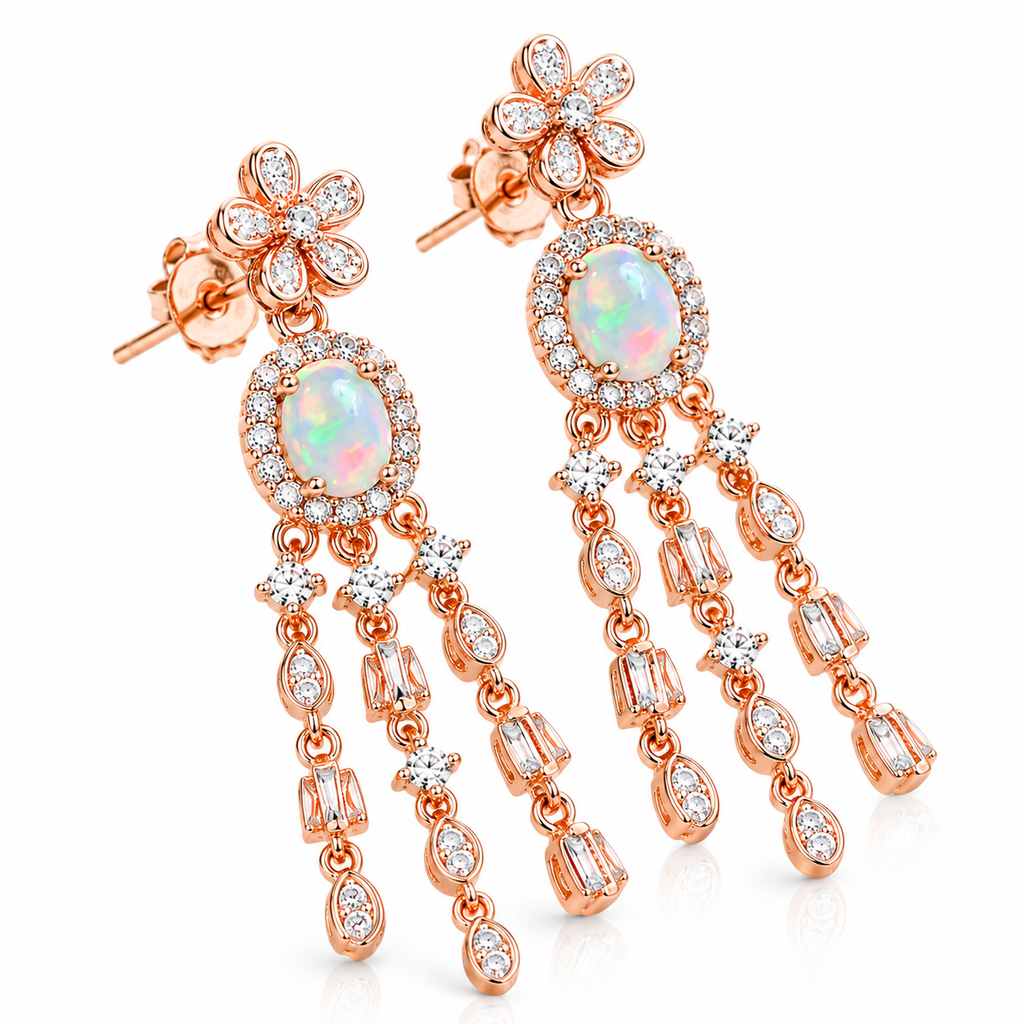 4x6mm natural fire opal dangle earrings shown at a 45 degree angle with multicolor opal play-of-color