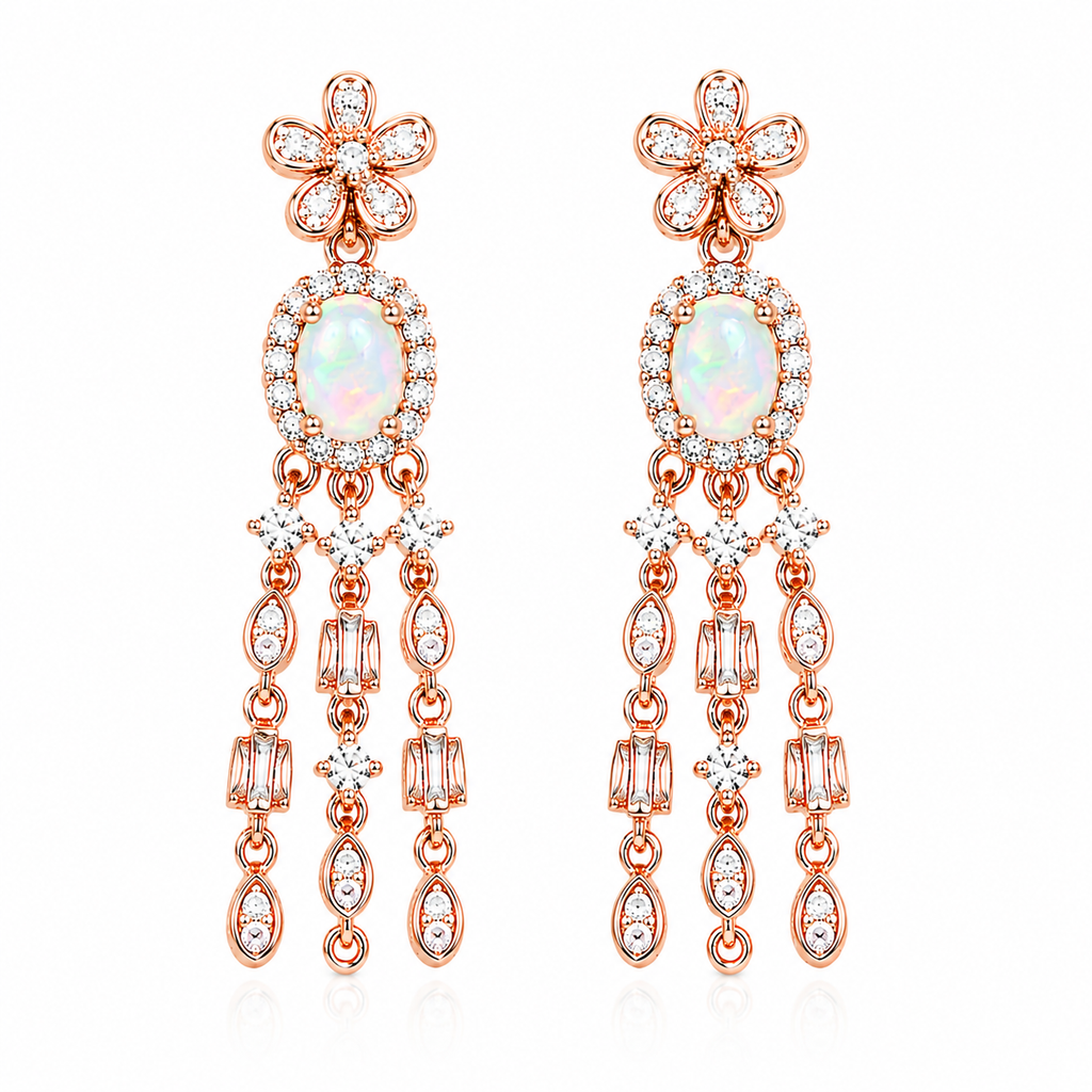 Top view of natural fire opal chandelier earrings with oval 4x6mm gemstones and cubic zirconia accents