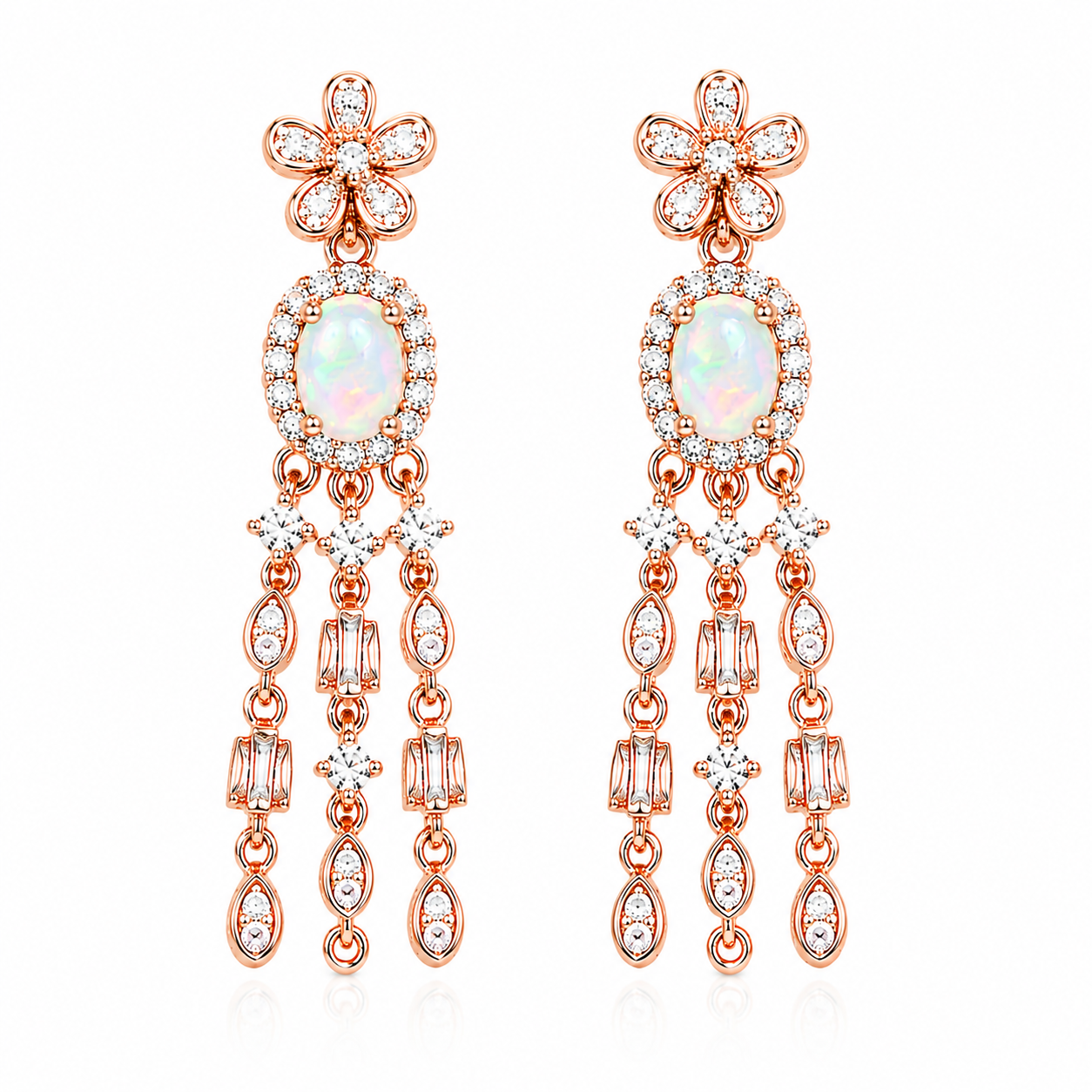 Top view of natural fire opal chandelier earrings with oval 4x6mm gemstones and cubic zirconia accents
