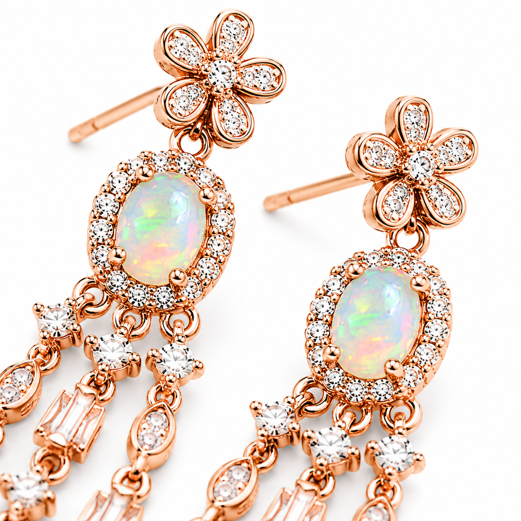Macro close-up of natural 4x6mm fire opal earrings showing green yellow orange and pink play-of-color