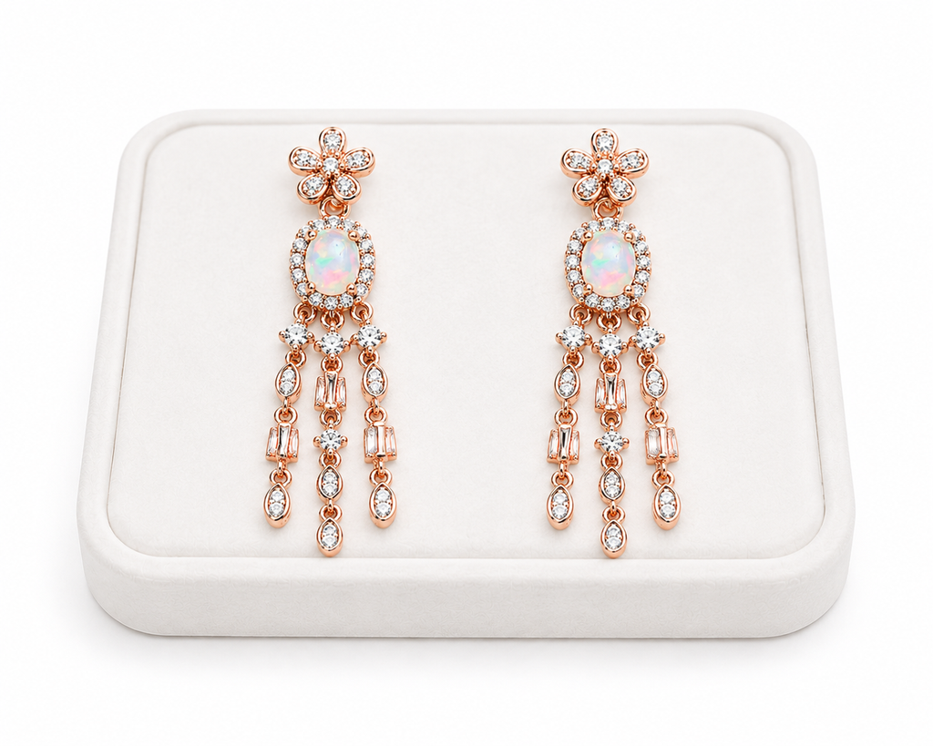 Natural fire opal chandelier earrings displayed on a white jewelry tray with 4x6mm oval opal gemstones