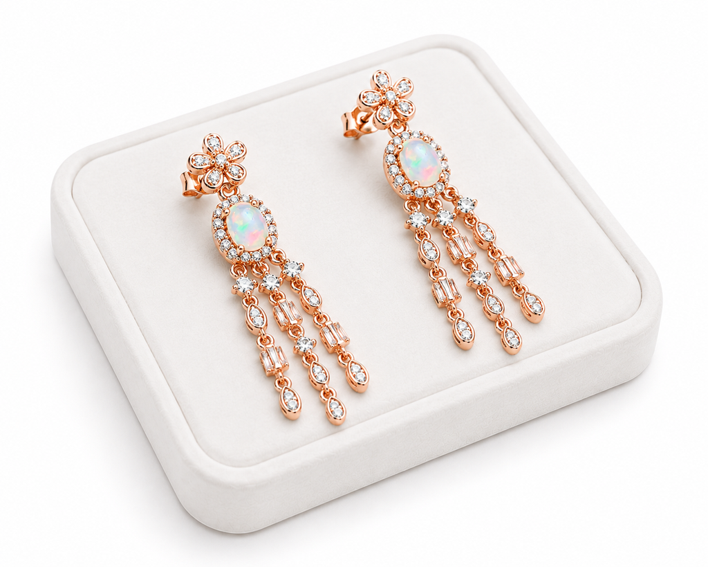 Luxury 4x6mm fire opal chandelier earrings displayed on a white jewelry tray with sparkling gemstone dangles