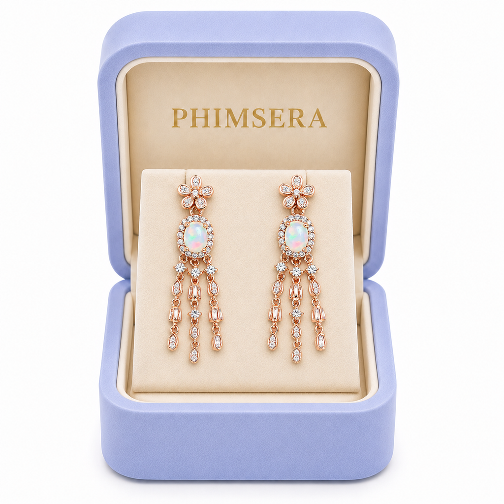 Natural 4x6mm fire opal chandelier earrings displayed in Phimsera jewelry gift box