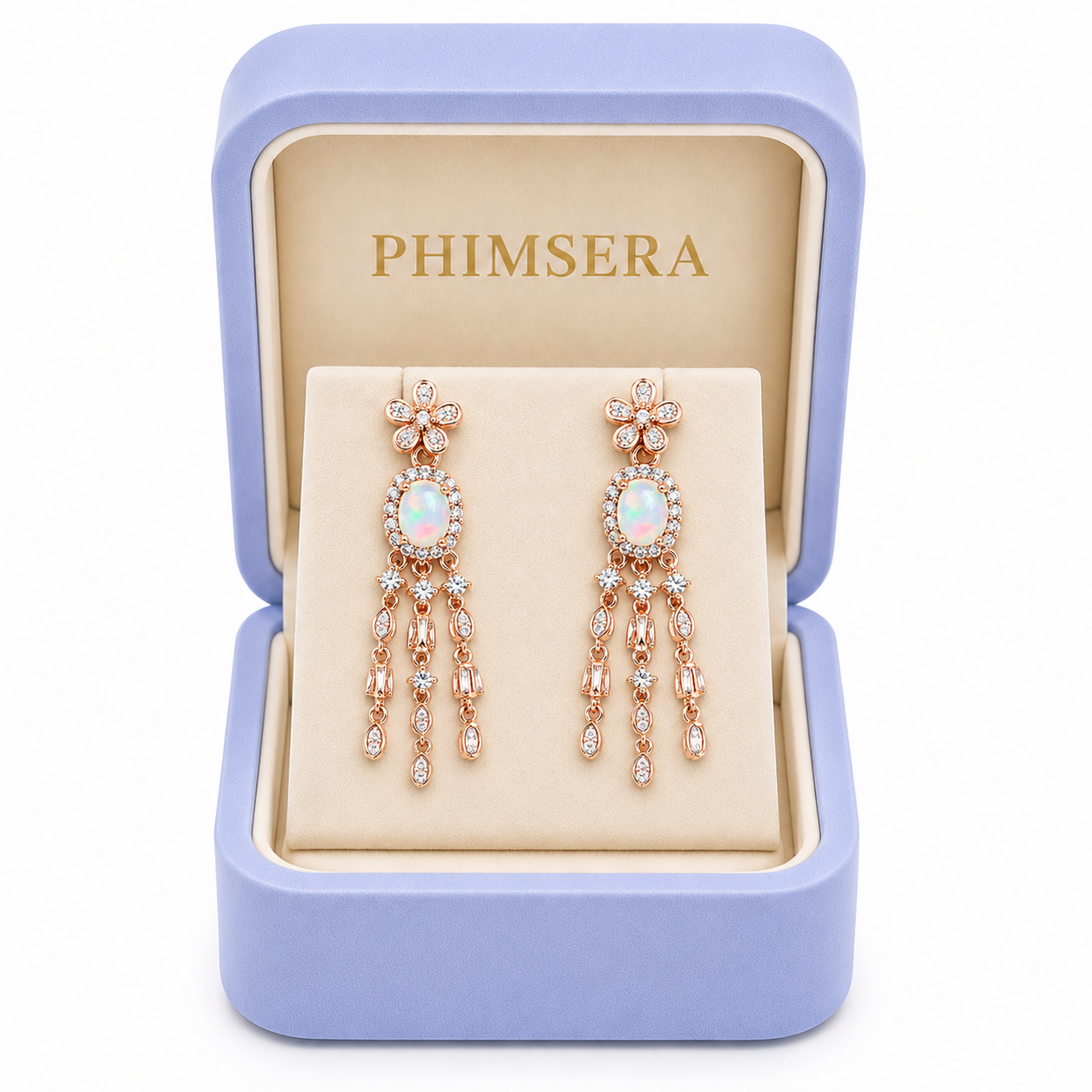 Natural 4x6mm fire opal chandelier earrings displayed in Phimsera jewelry gift box