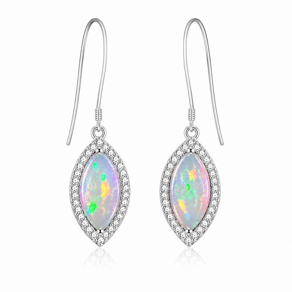 Natural 5x10mm marquise fire opal dangle earrings in 925 sterling silver with CZ halo