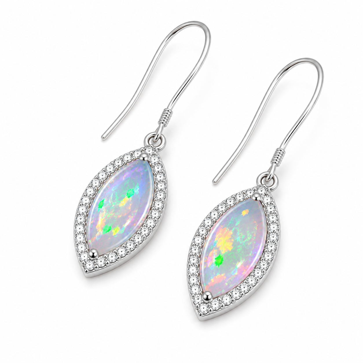Marquise natural fire opal drop earrings with 5x10mm gemstones and sparkling cubic zirconia accents