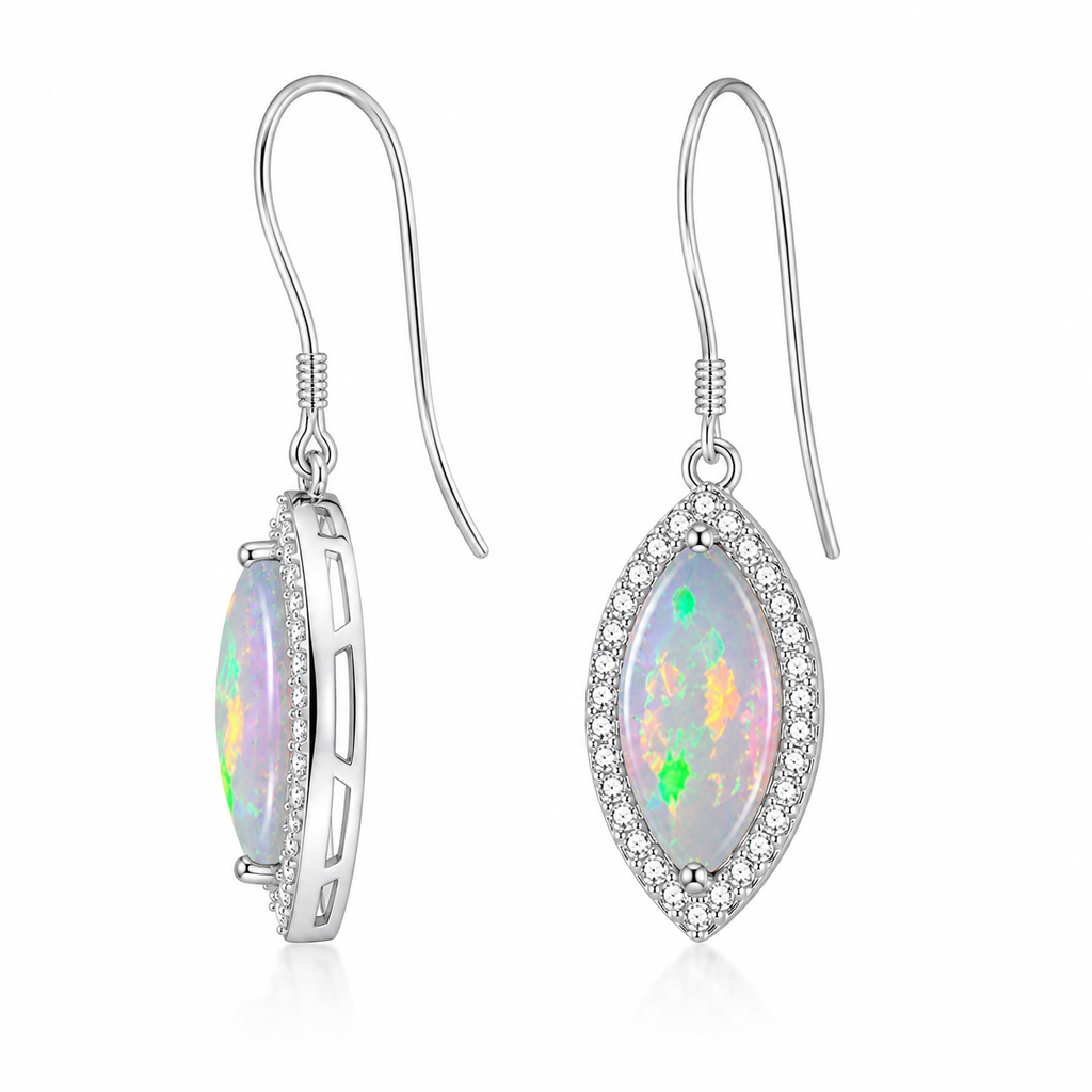 Side view of natural marquise fire opal earrings with open fishhook ear wires