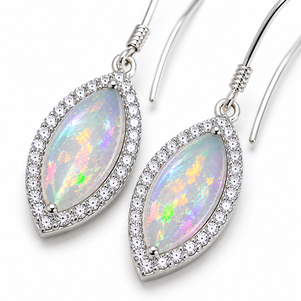 Close-up of 5x10mm natural fire opal marquise earrings showing colorful play-of-color and CZ halo