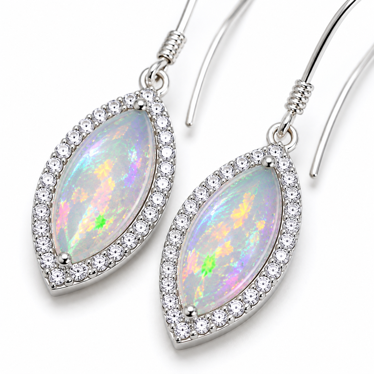 Close-up of 5x10mm natural fire opal marquise earrings showing colorful play-of-color and CZ halo