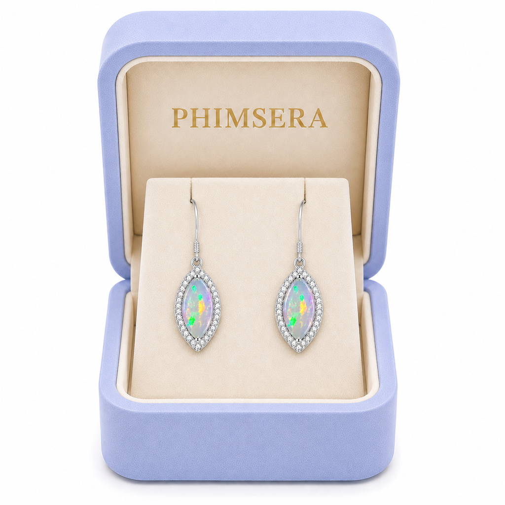 Phimsera natural fire opal marquise earrings displayed in luxury jewelry gift box