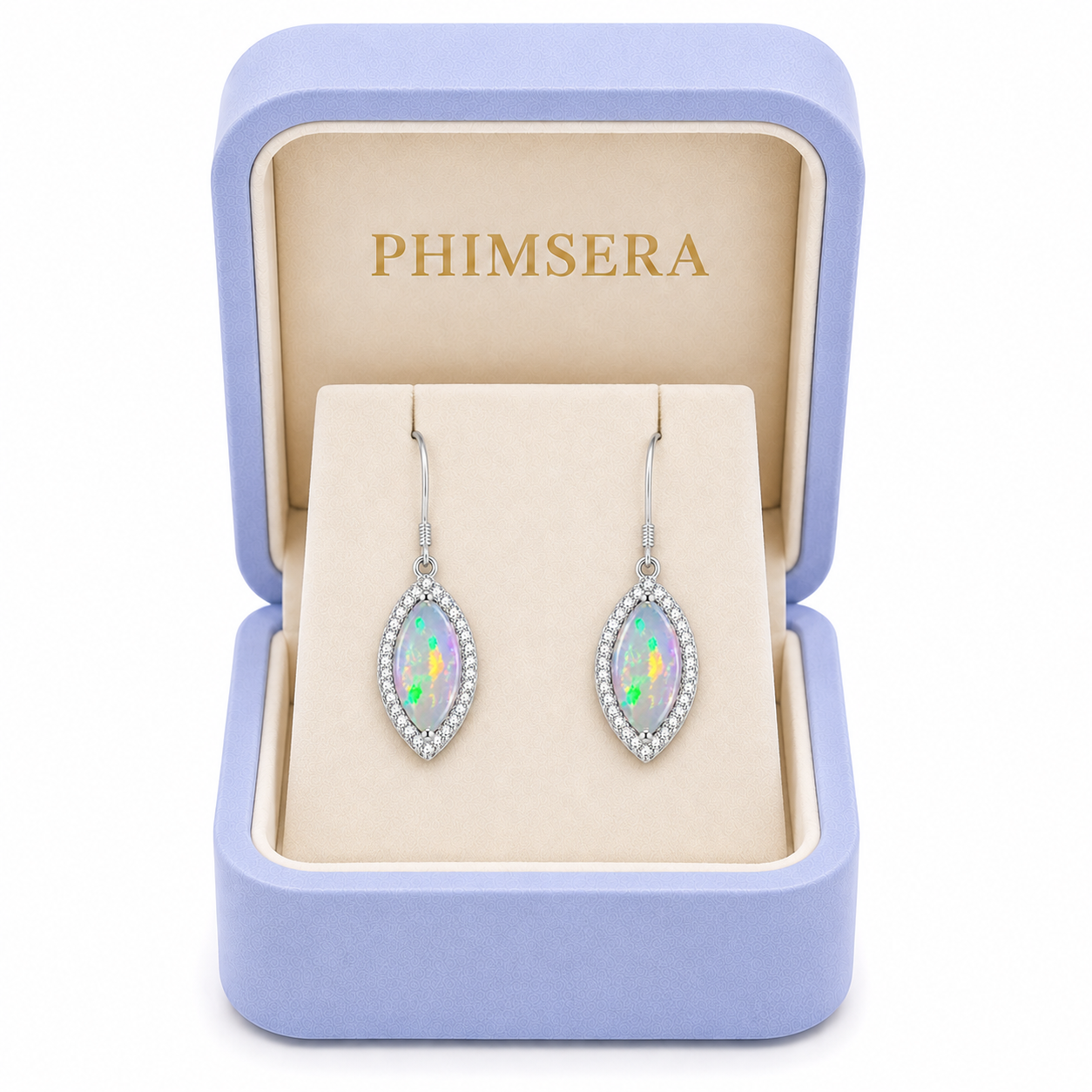 Phimsera natural fire opal marquise earrings displayed in luxury jewelry gift box
