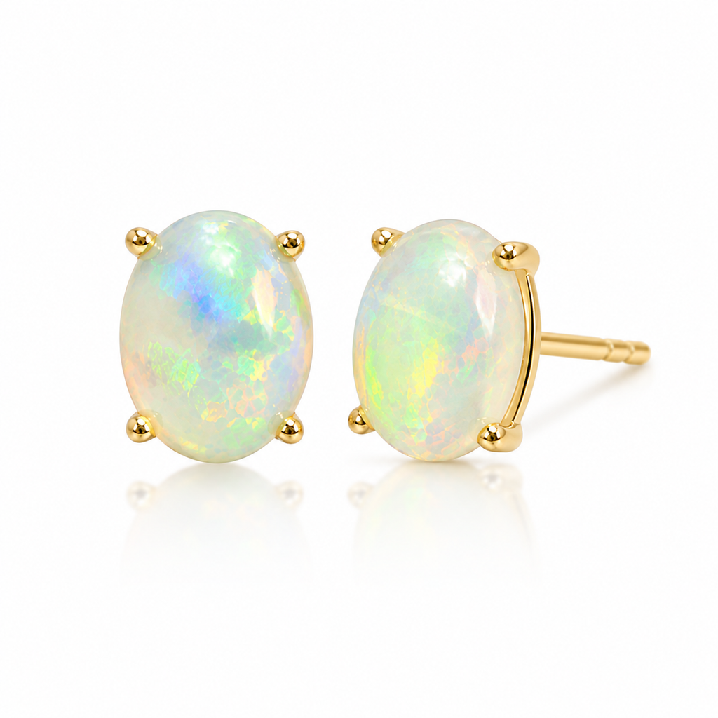 6x8mm natural oval fire opal earrings shown from angled view with multicolor play-of-color