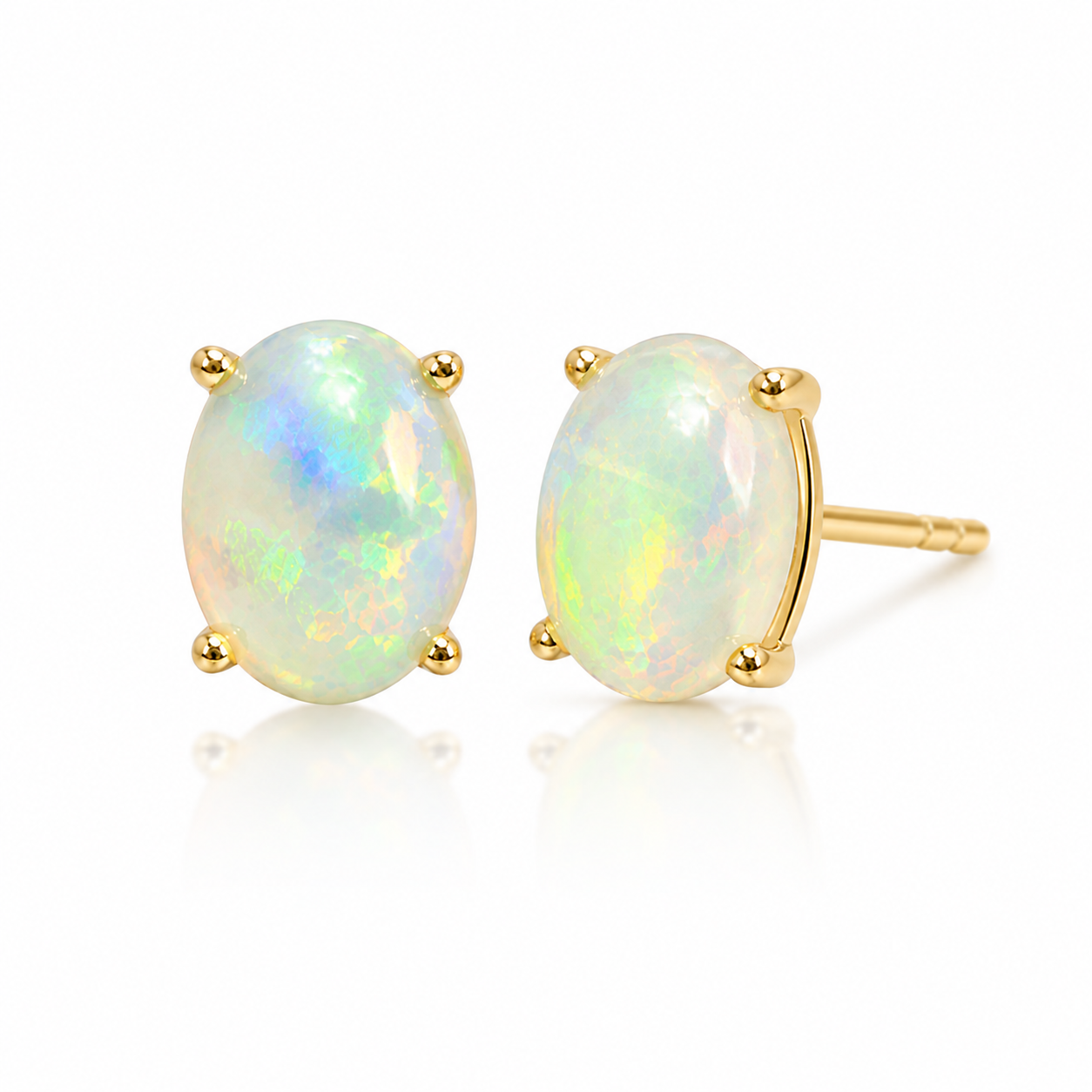 6x8mm natural oval fire opal earrings shown from angled view with multicolor play-of-color