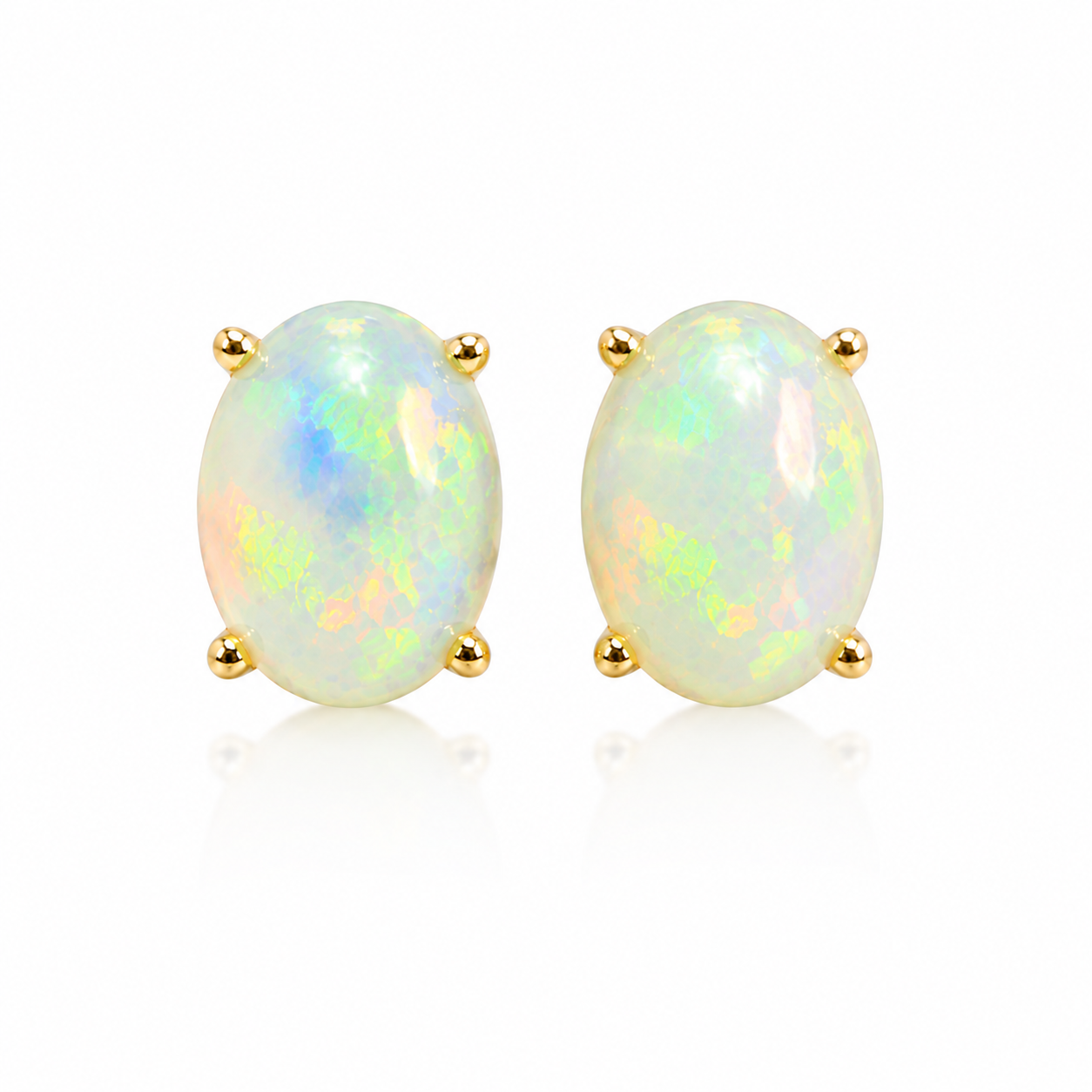 Natural fire opal stud earrings top view featuring translucent oval 6x8mm opal gemstones