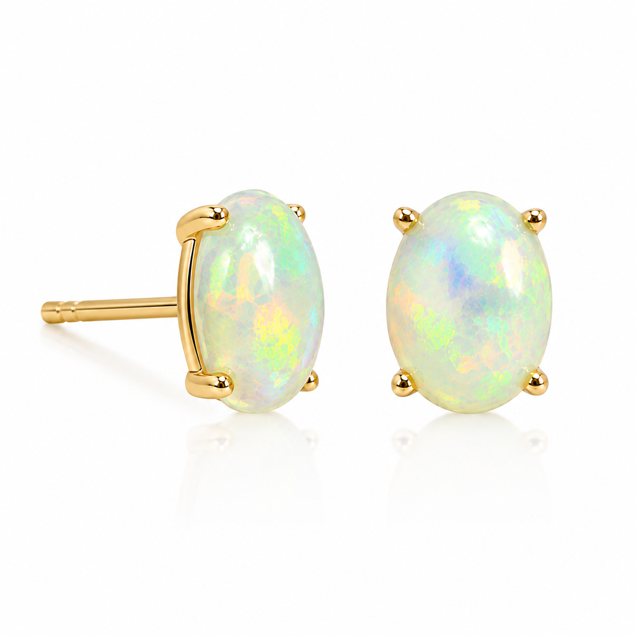 Side profile of Phimsera 6x8mm natural fire opal stud earrings showing four-prong settings