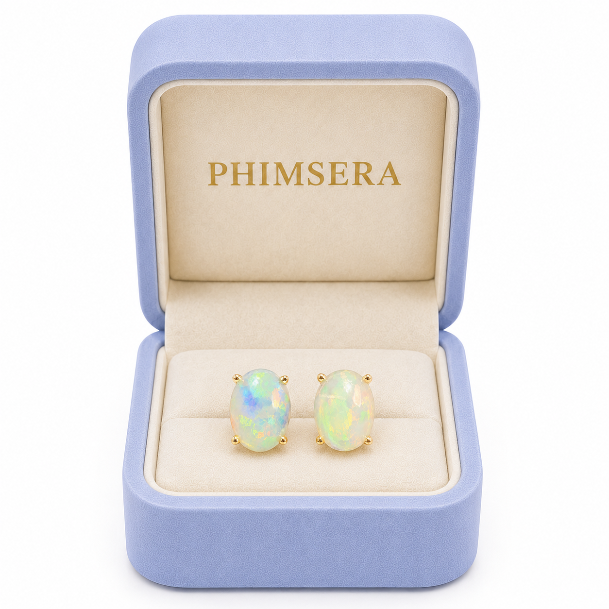 6x8mm natural fire opal stud earrings presented in Phimsera jewelry gift box