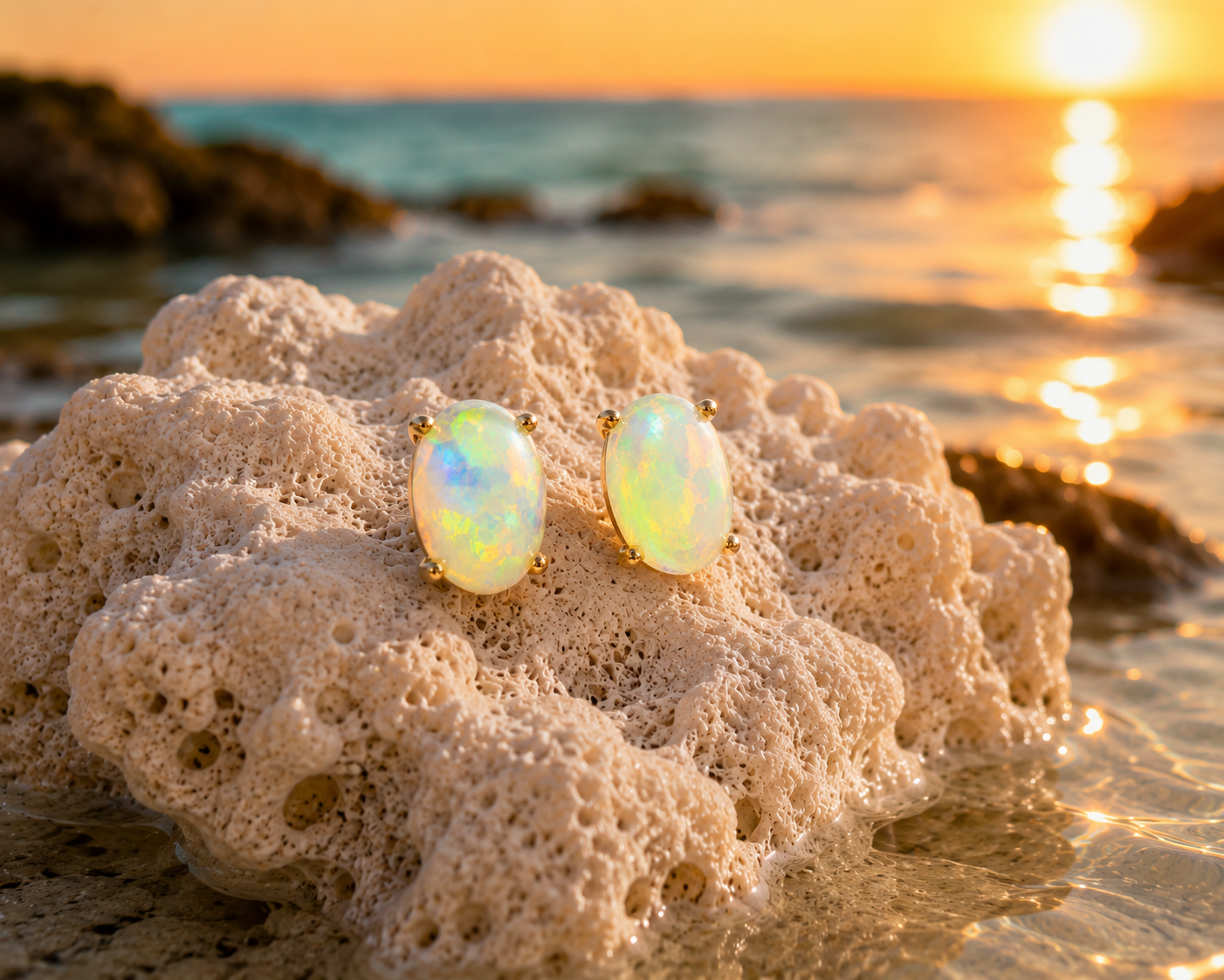 Phimsera natural 6x8mm opal earrings on coral with warm seaside sunset background