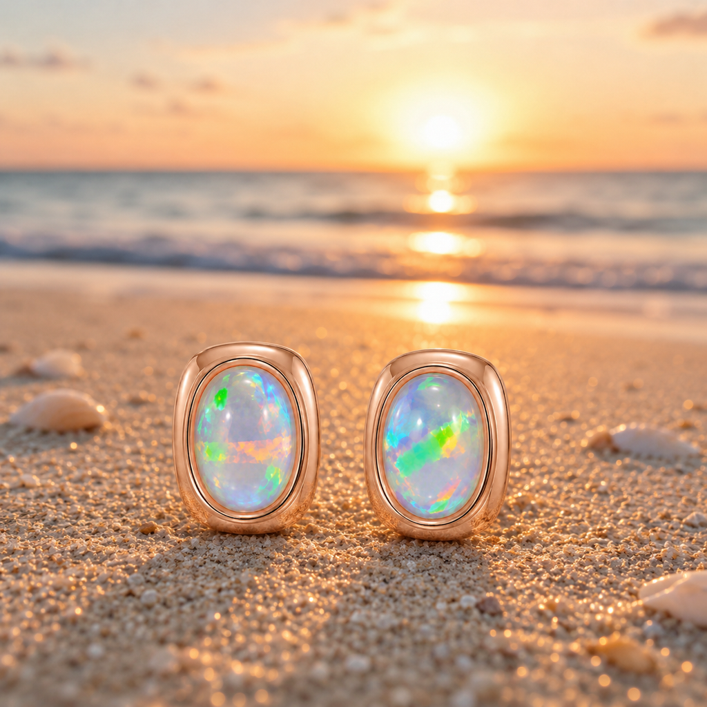 Rose gold natural fire opal stud earrings displayed on a beach at sunset