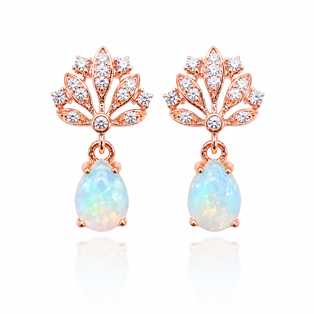 Phimsera 5x7mm natural pear cut fire opal drop earrings in rose gold plated 925 sterling silver with CZ accents
