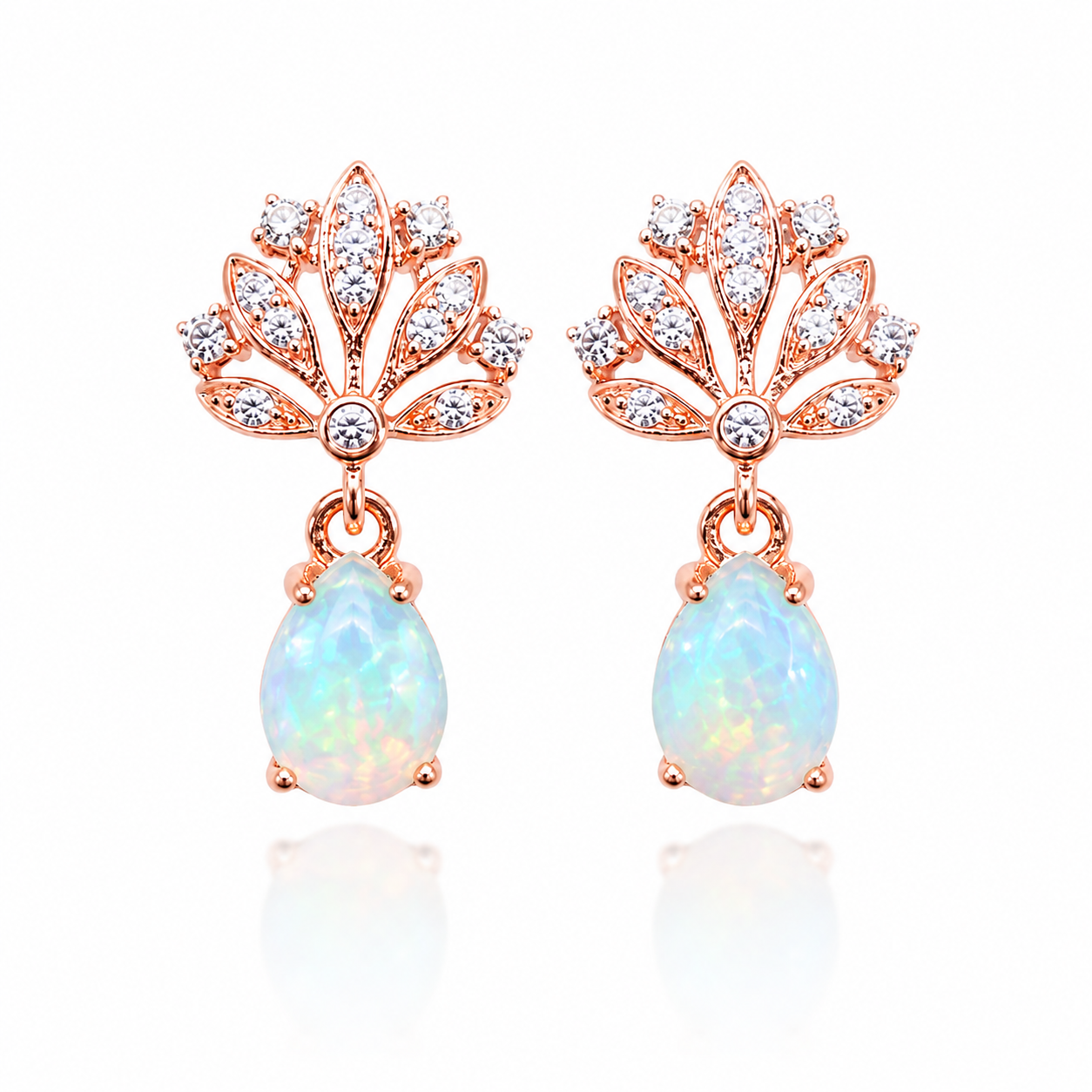 Phimsera 5x7mm natural pear cut fire opal drop earrings in rose gold plated 925 sterling silver with CZ accents