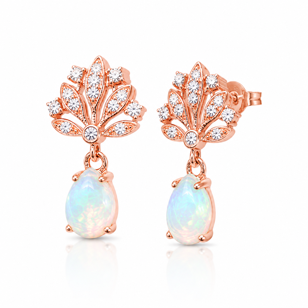 5x7mm natural fire opal dangle earrings with pear shaped opals and sparkling cubic zirconia accents