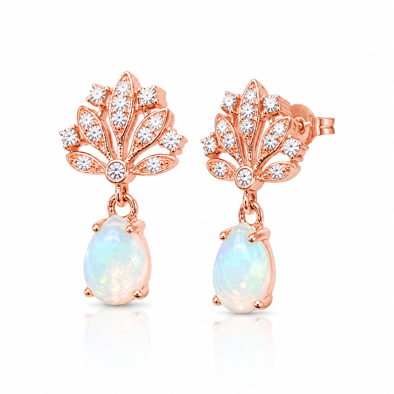 5x7mm natural fire opal dangle earrings with pear shaped opals and sparkling cubic zirconia accents