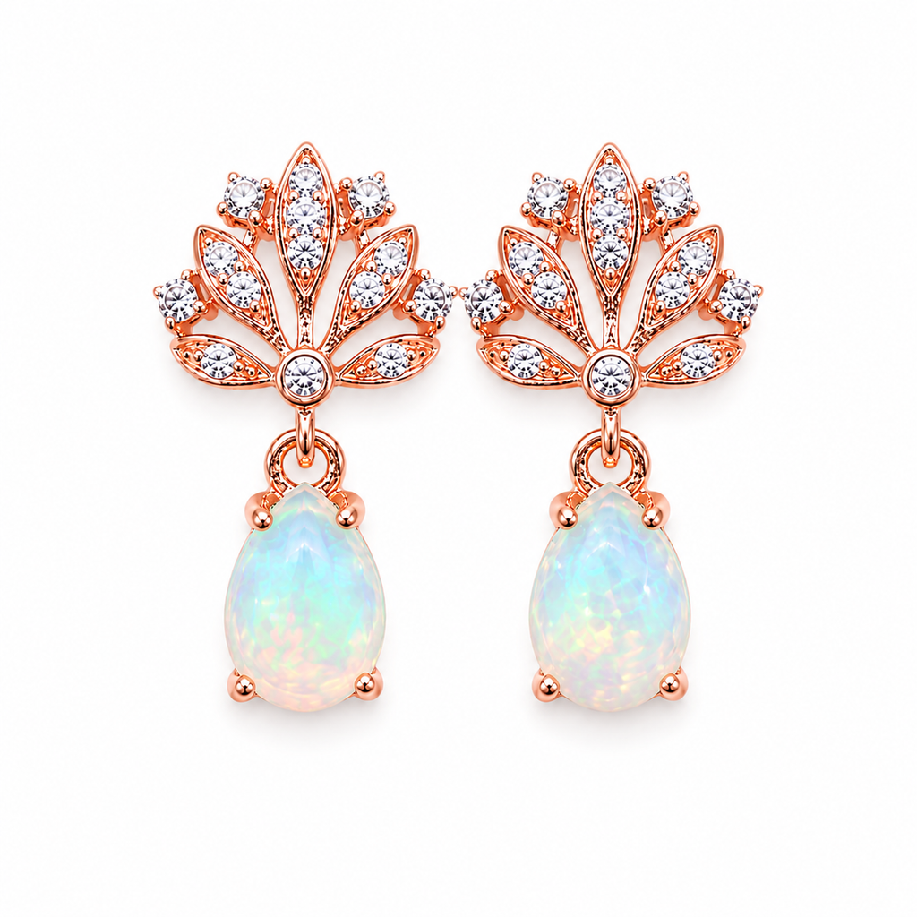 Natural pear cut fire opal earrings 5x7mm in rose gold plated sterling silver