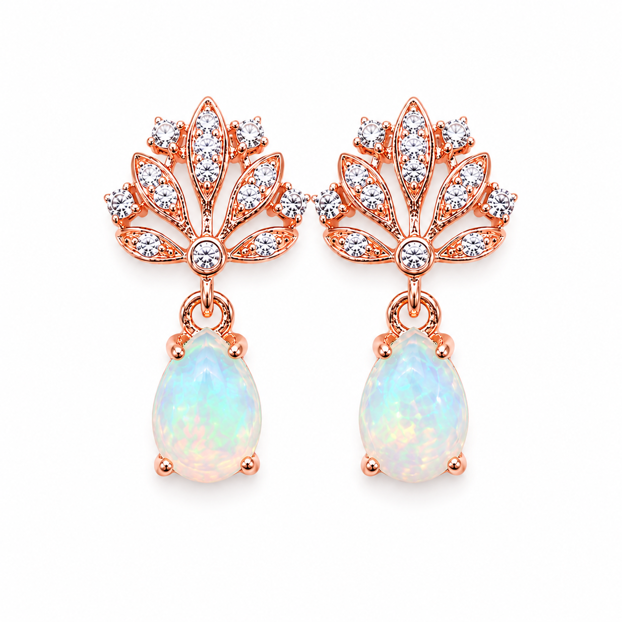 Natural pear cut fire opal earrings 5x7mm in rose gold plated sterling silver