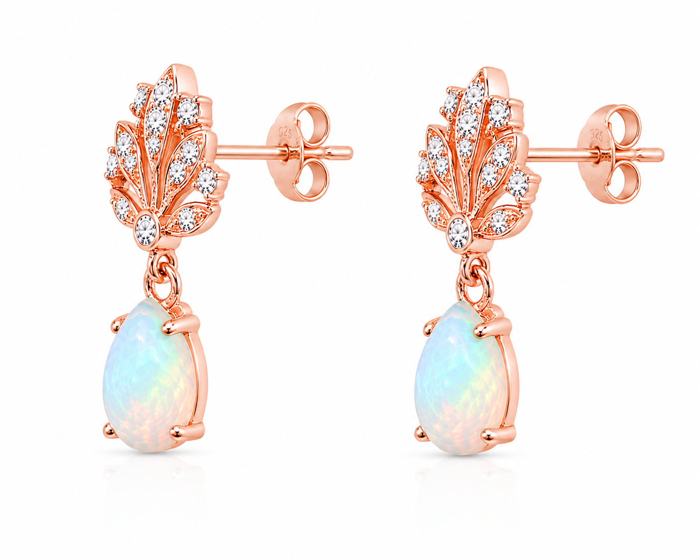 Side profile of Phimsera natural fire opal drop earrings with 5x7mm pear shaped gemstones