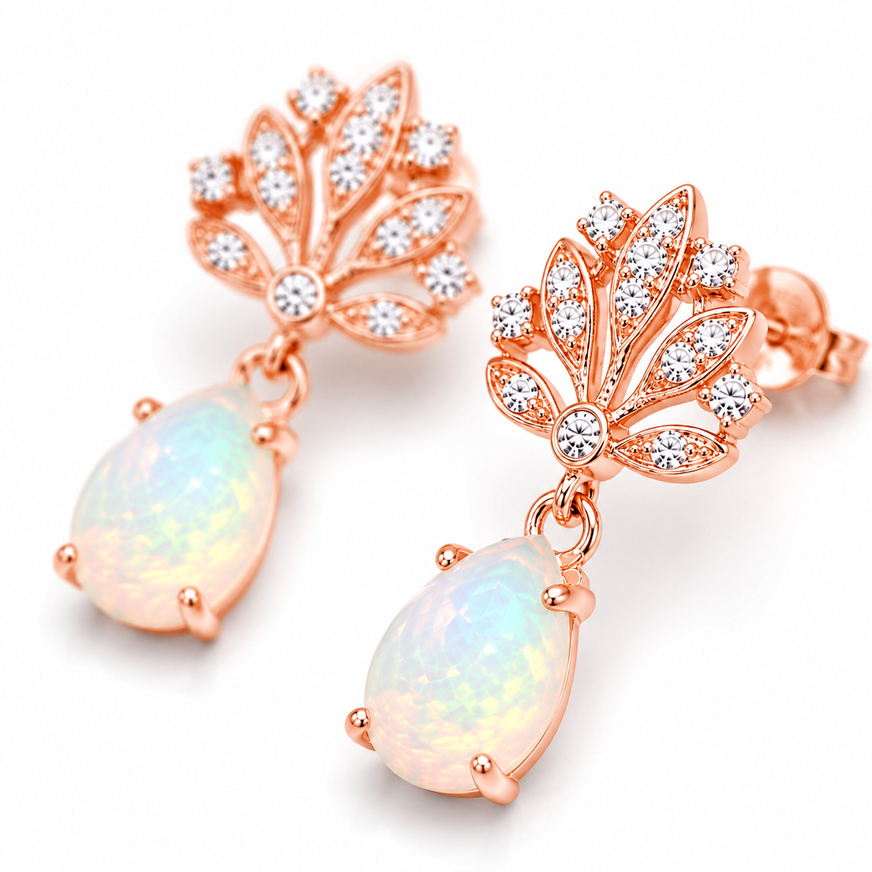 Close-up of 5x7mm natural fire opal earrings showing colorful play-of-color and rose gold plated setting