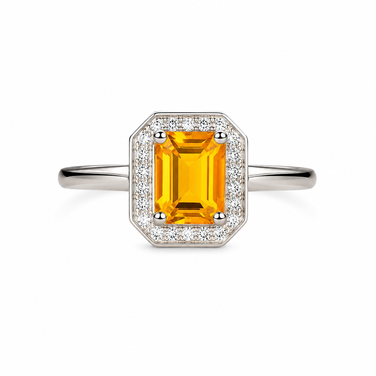 Natural 6x8mm emerald cut citrine halo ring in 925 sterling silver