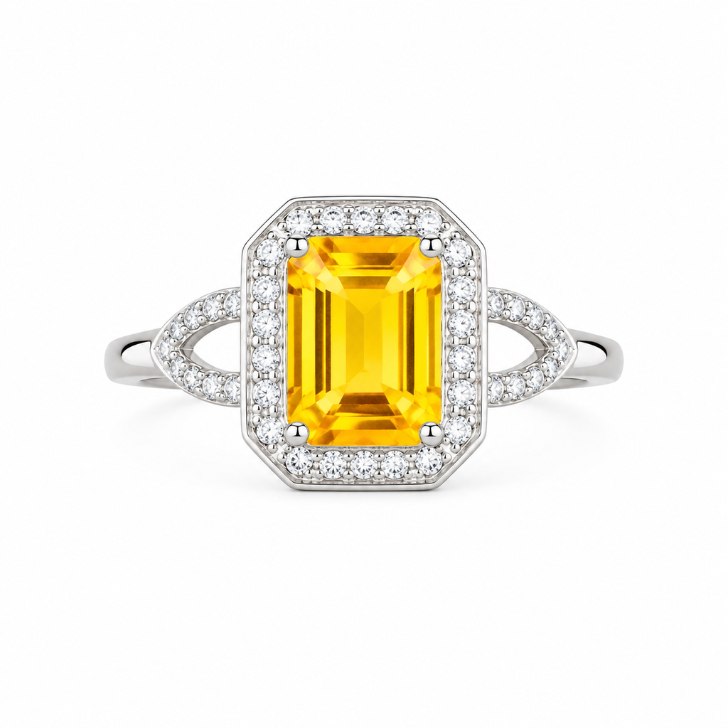 Natural 6x8mm emerald cut citrine halo ring with CZ split shank in sterling silver