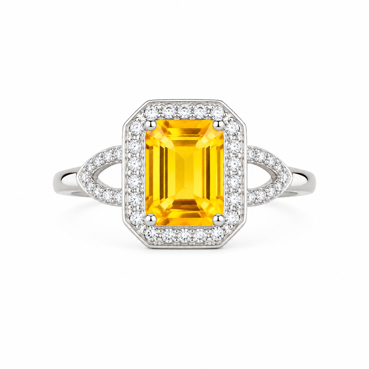 Natural 6x8mm emerald cut citrine halo ring with CZ split shank in sterling silver