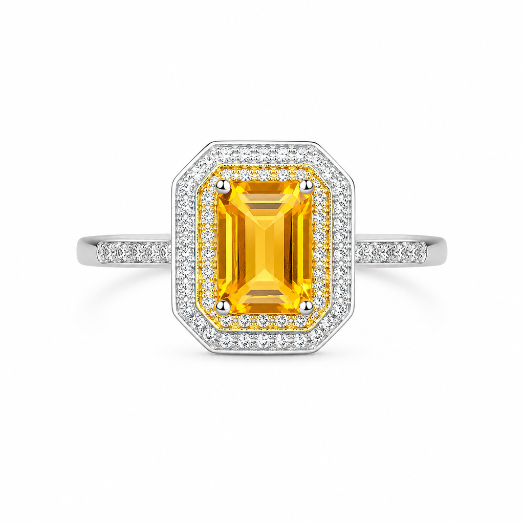 Natural 6x8mm emerald cut citrine double halo ring in 925 sterling silver