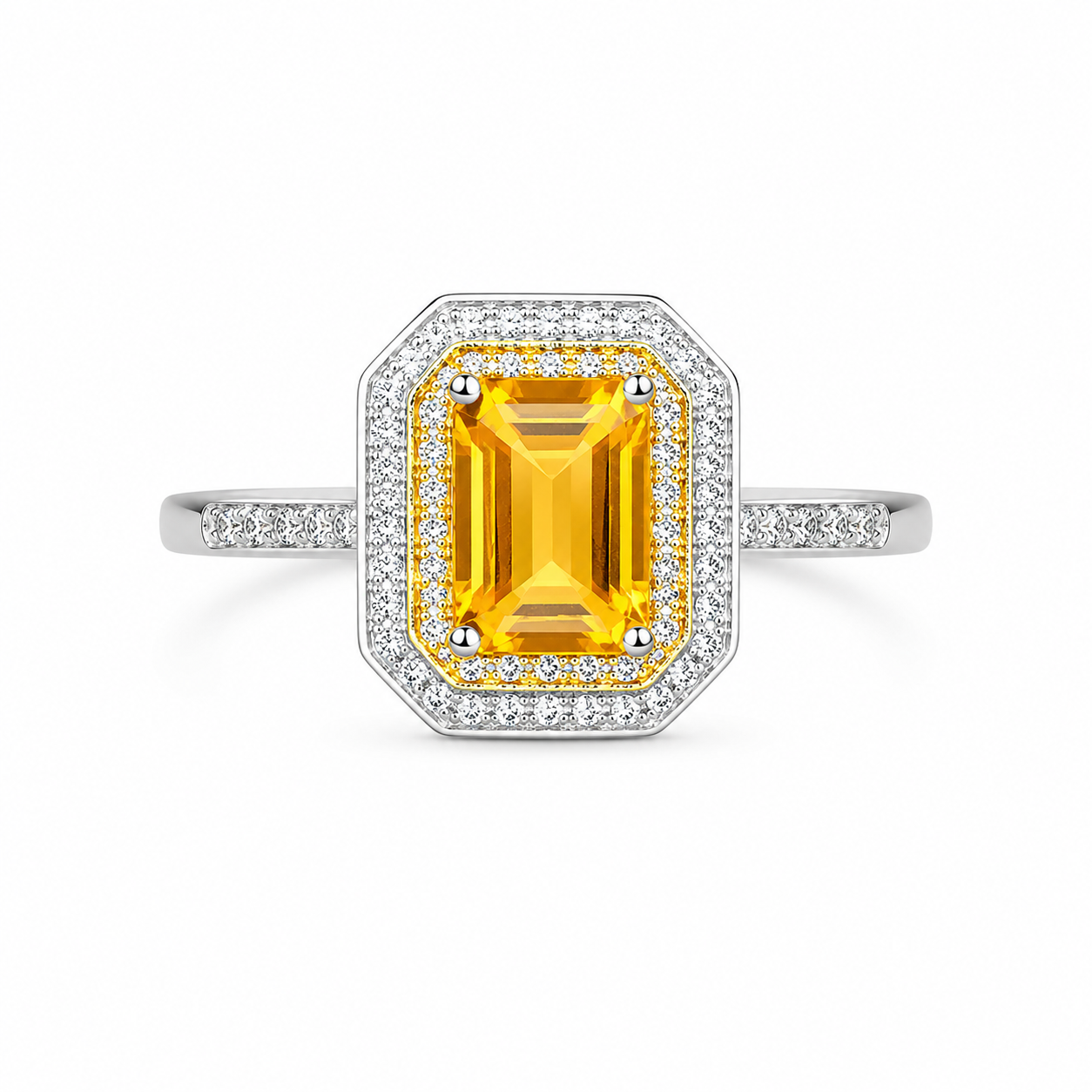 Natural 6x8mm emerald cut citrine double halo ring in 925 sterling silver