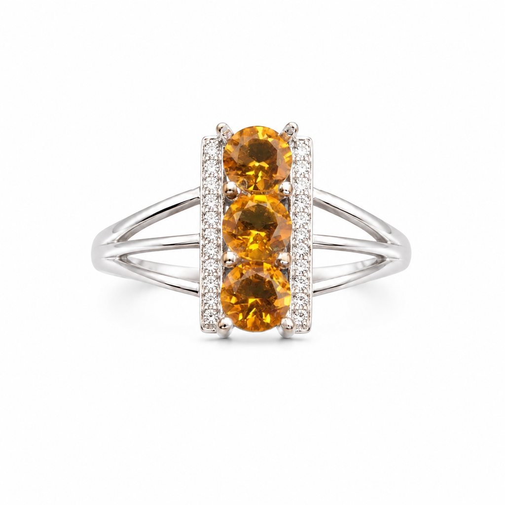 Natural citrine three stone ring with three 5mm round gemstones and CZ accents
