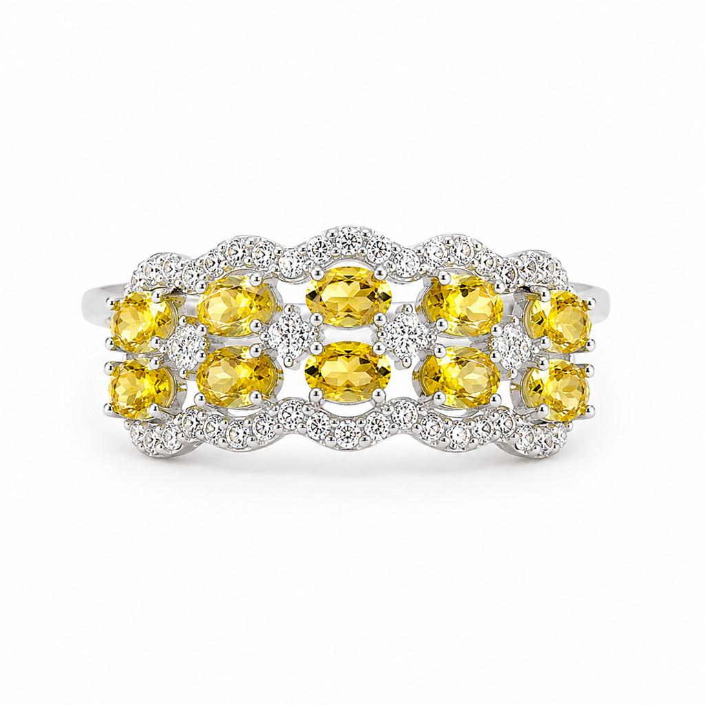 Natural yellow citrine double row band with 3x4mm oval gemstones and CZ accents